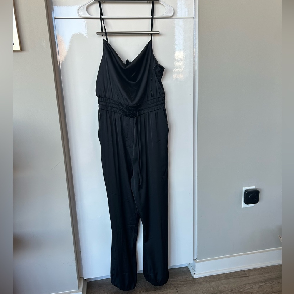 black satin jumpsuit with drawstring waist